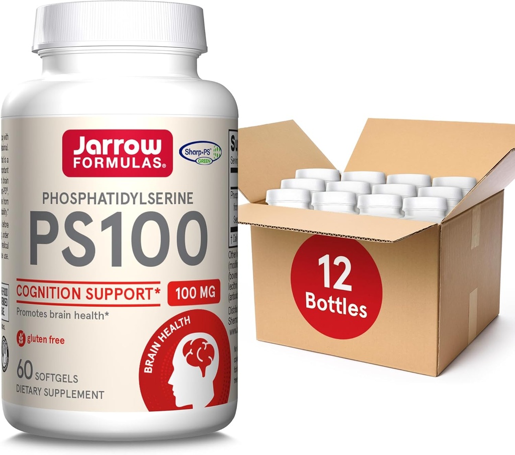 Jarrow Formulas PS100 Phosphatidylserine 100 mg, Kosttillskott för hjärnhälsa och kognition stöd, 60 Softgels, 20-60 Day Supply, Pack 12
