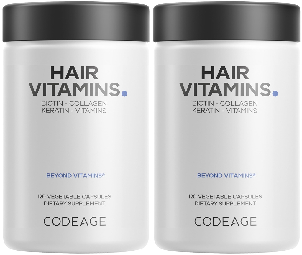 Koodaus Hair Vitamiinit 10000 mikrog Biotiini, Keratin, Kollageeni, A-vitamiini, B12, C, D3, E, Sinkki, Turmeeric, Probiootit, Entsyymit, Inositol - Hiustenhoito tuki - Terveet hiusten täydentää pillereitä - 2 pakkaus