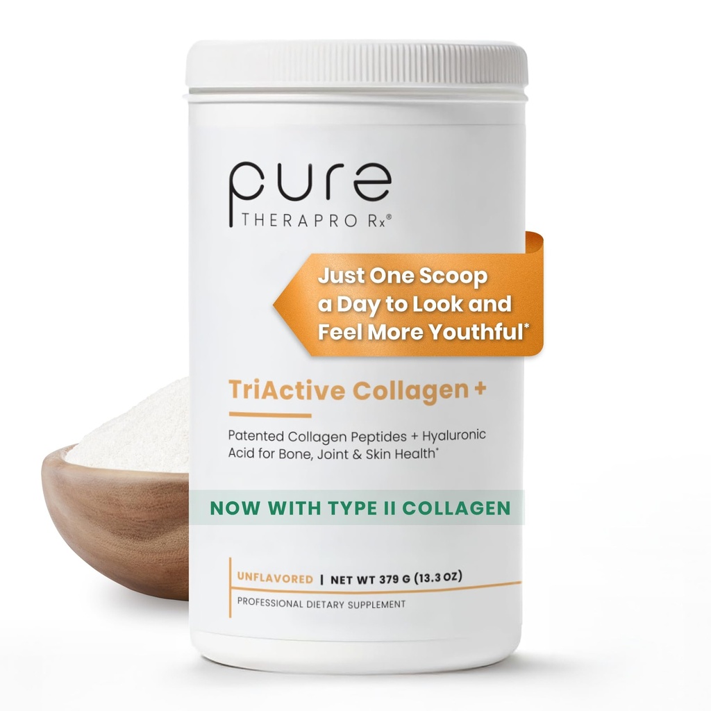 Pure Therapro Rx TriActive Collagen Plus, Collagen Powder for Hair, Skin, Nails, Bones & Joins, Hydrolysoitu Kollagen Powder w/patented Peptides, makuamaton Multi Collagen Protein Powder, 30 tarjoilua