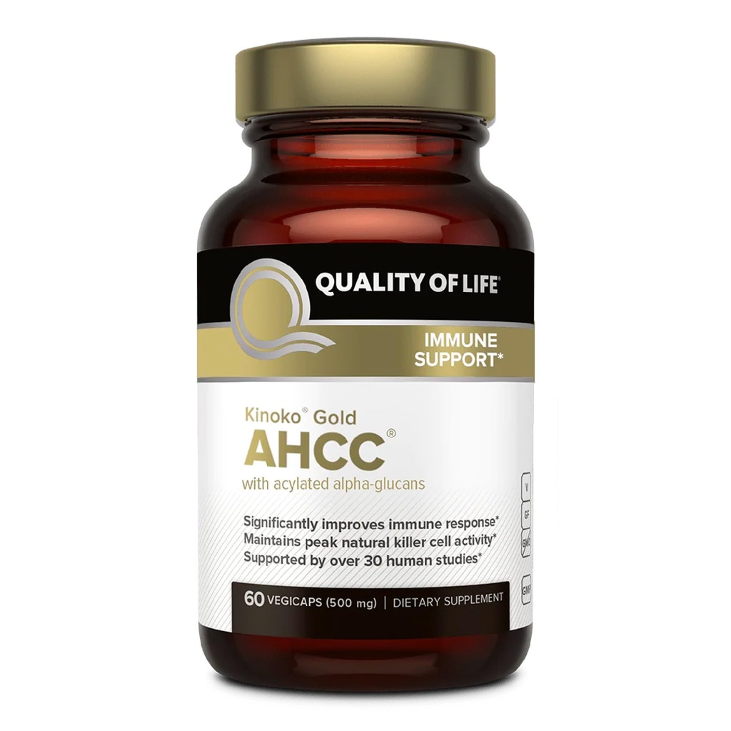 Livskvalitet Premium Kinoko Gold AHCC Supplement, 500 mg per kapsel, stöder immunhälsa, leverfunktion, underhåller naturlig killercellaktivitet och förbättrar cytokinproduktion, 60 Veg kapslar