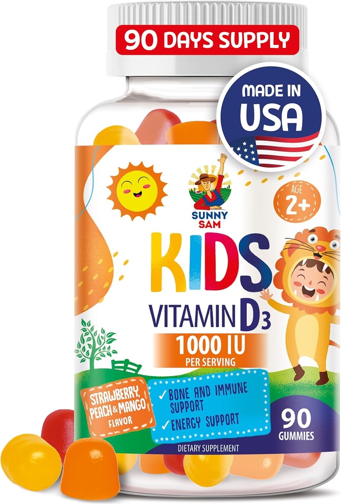 SUNNY SAM-vitamiini D3 Gummies 1000 IU lapsille ja aikuisille - Immuunituki purut luonnon maku - kasvissyöjä, liivate-vapaa immuuni tuki vitamiineja lapsille