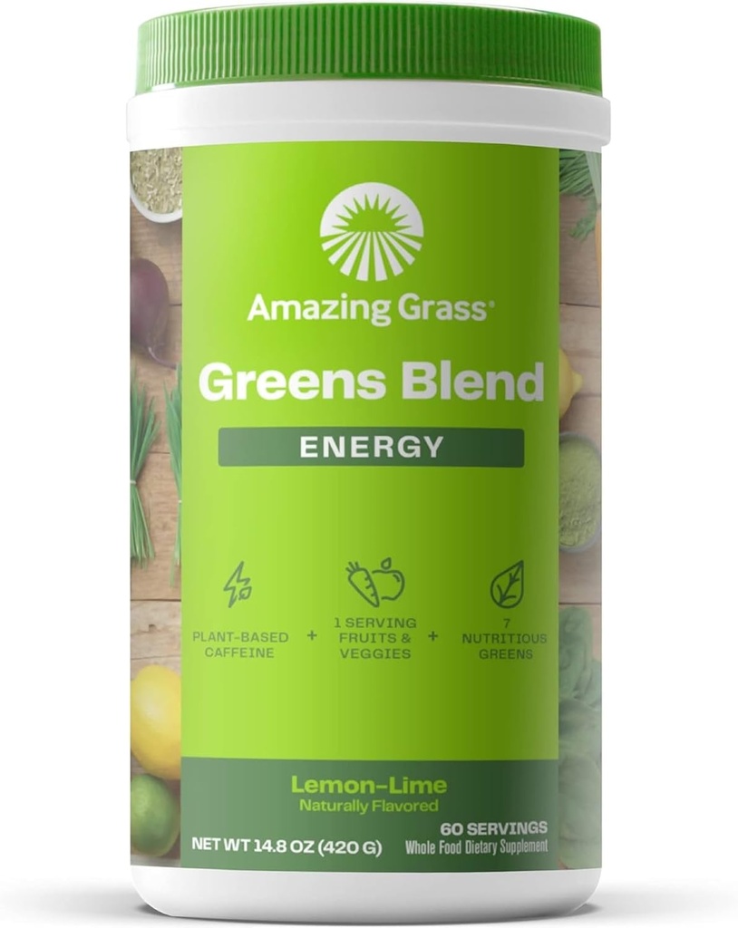Amazing Grass Greens Blend Energy: Smoothie Mix, Super Greens Powder & Plant perustuu kofeiini, jossa on Matcha Green Tea & Beet Root Powder, sitruunan limetti, 60 tarjoilua (Pakkaus toukokuussa Vary)