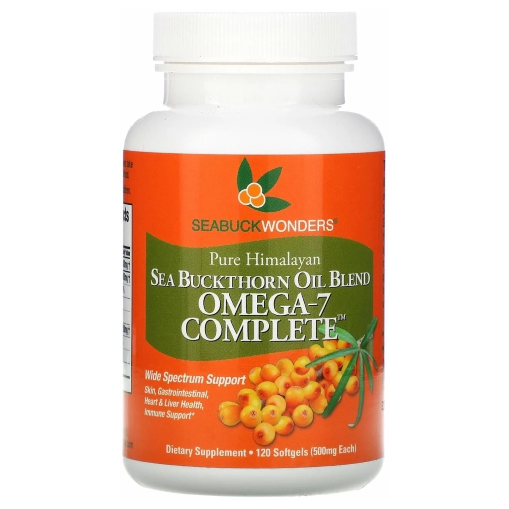 SeabuckWonders Organic Sea Buckthorn Oil, Omega-7 Complete Softgels, 120 Count, med Omega 3, 6 & 9, stöder hår, hud och nagelhälsa, 1000mg per portion