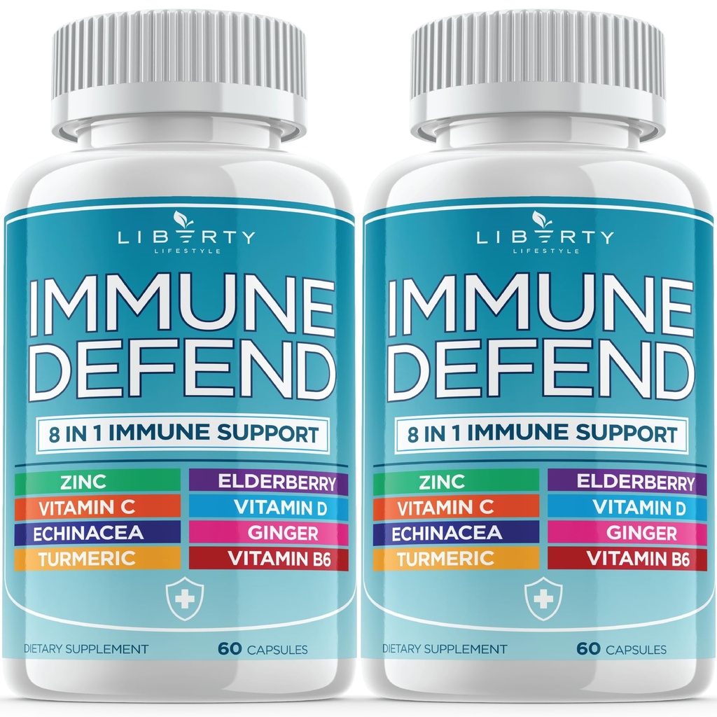 8 in 1 Immuuneja tukeva tuki, immuniteetti vitamiineja lisätehoste sinkki 50 mg, C-vitamiinia Elderberry Vit D3 5000 IU, Turmeeric Curcumin & Inkivääri, Echinacea - Allergia helpotus lapsille Aikuiset (2 pakkaus)