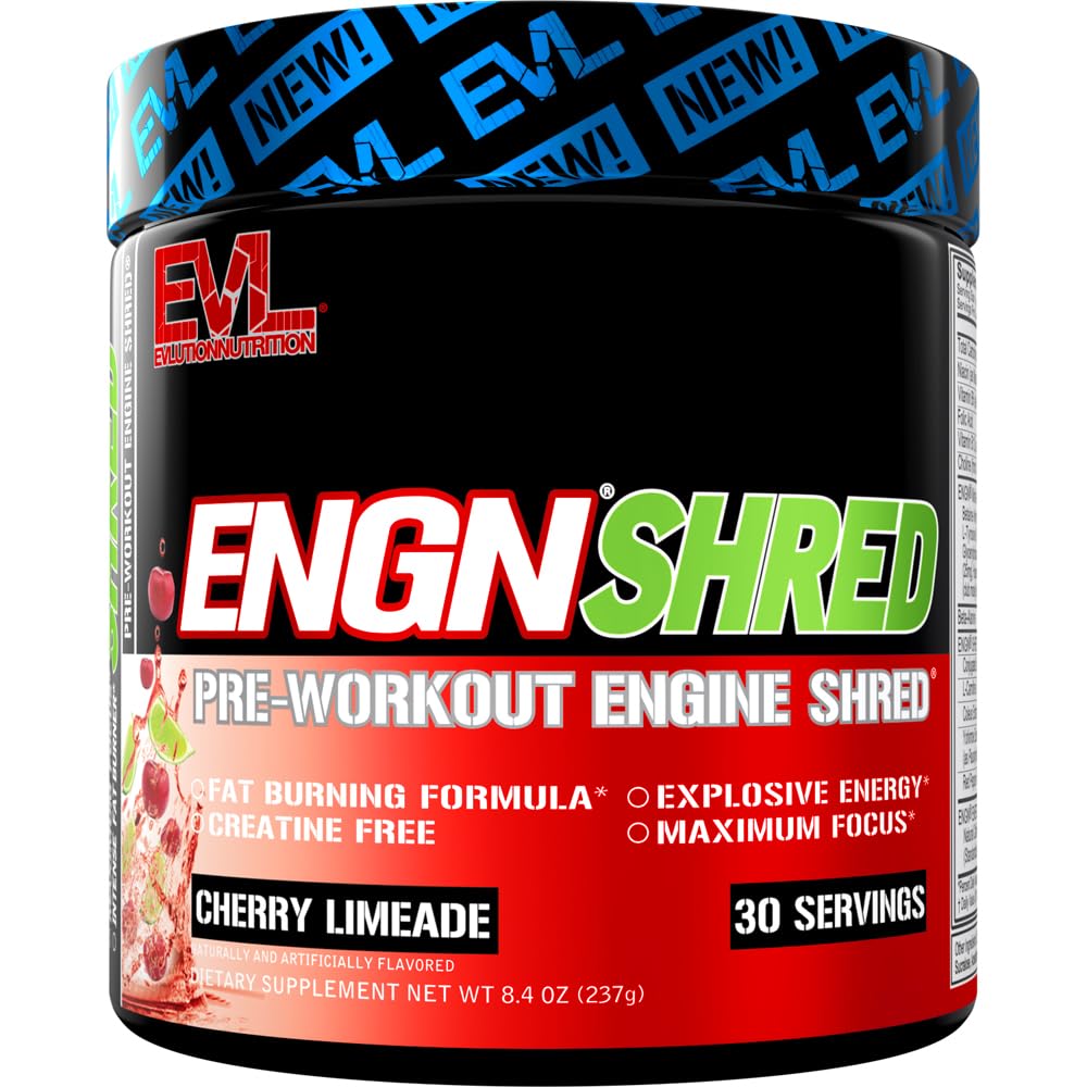 EVL Ultimate Pre Treenout Powder - Thermogenic Fat Burner Preworkout Powder Drink for Lasting Energy Focus and Stamina - ENGN Shred Intense Fat Burning Creatiini Free Preworkout Drink - Cherry Limeade