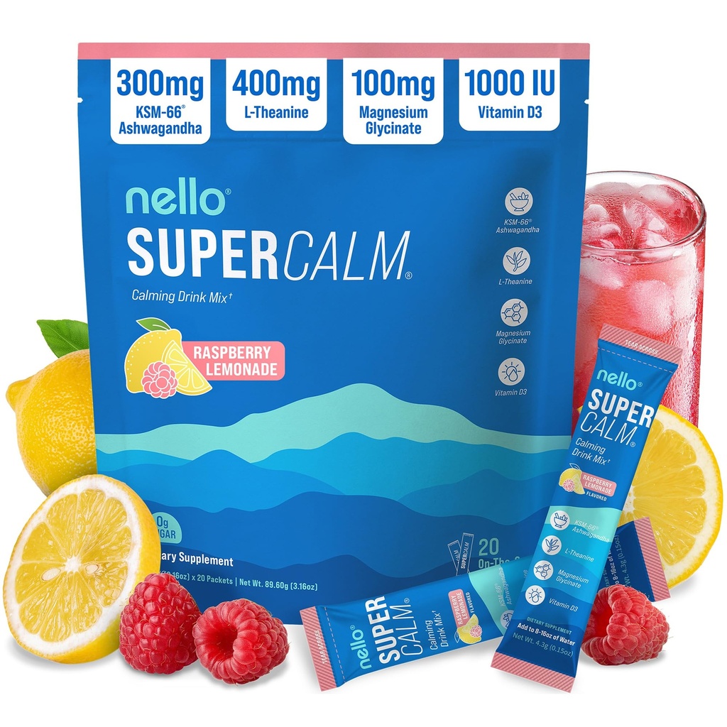 Nello Supercalm Powdered Drink Mix, Vadelma sitruunamehua, L Theanine, Ksm-66 Ashwagandha, Magnesium Glycinate, D-vitamiini 3, Lisäravinteet rentoutumista & Focus, Ei sokeria, Ei GMO, On The Go, 20 Ct