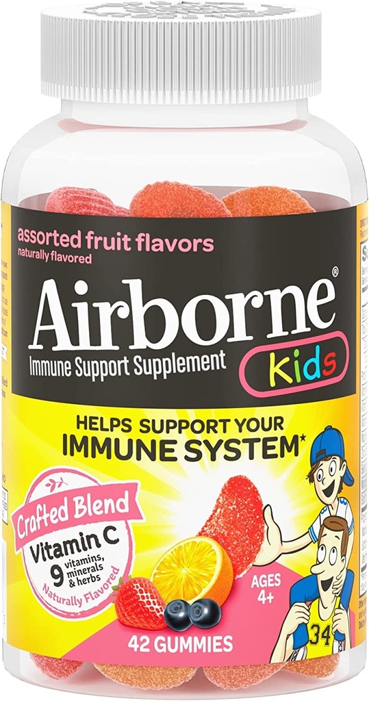 Airborne 500mg Vitamin C + Zink Immune Support Supplement Gummies for Kids, Assorted Fruit Flavor, Gluten Free Crafted Blend med kraftfulla antioxidanter vitaminer C & E, 42 Gummies (2 Pack)