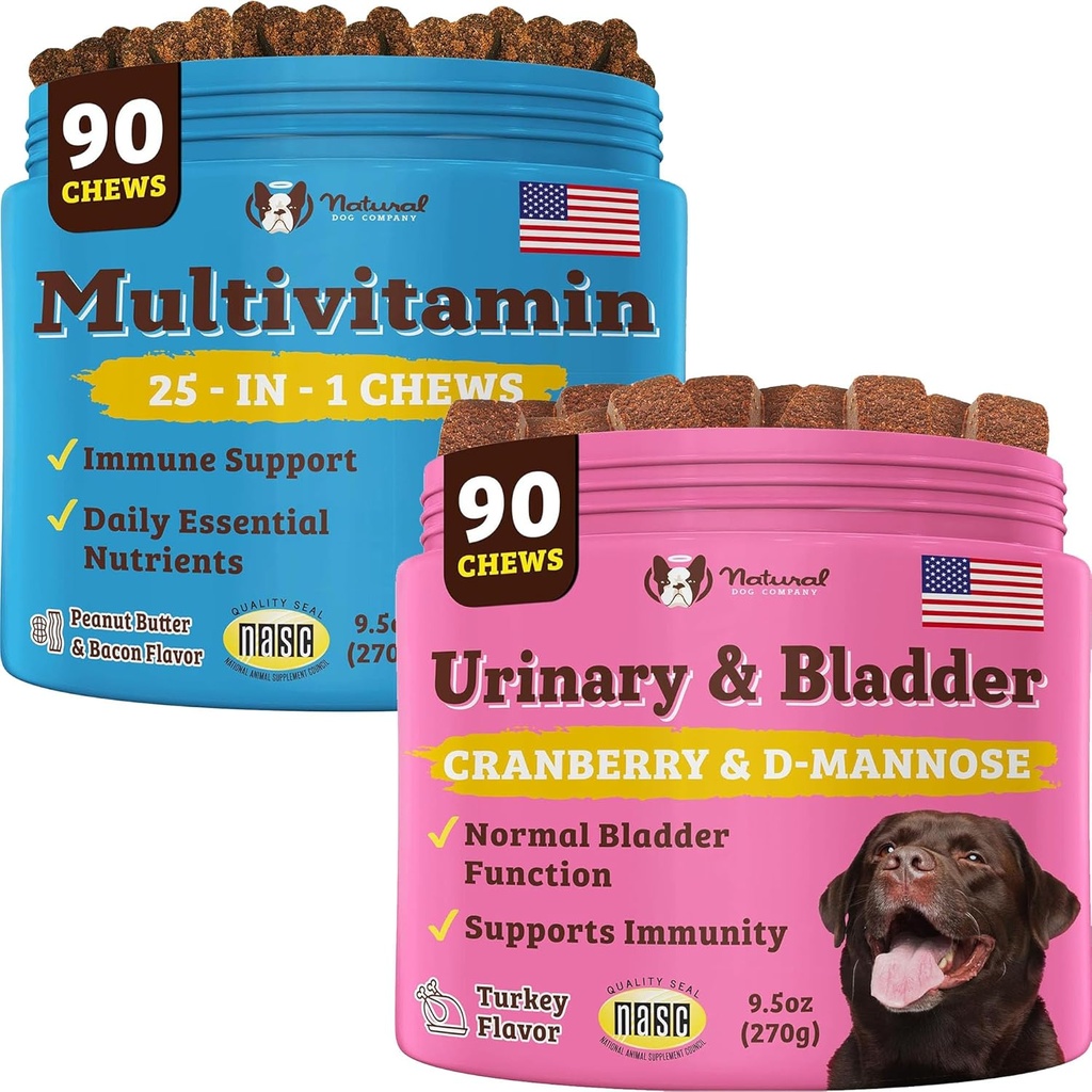 Natural Dog Company Virtsa- ja monivitamiini Bundle - tukee virtsan tract, immuunijärjestelmä, yhteinen terveys, ja energia - Essential Chews koirien yleistä hyvinvointia ja elinvoimaa