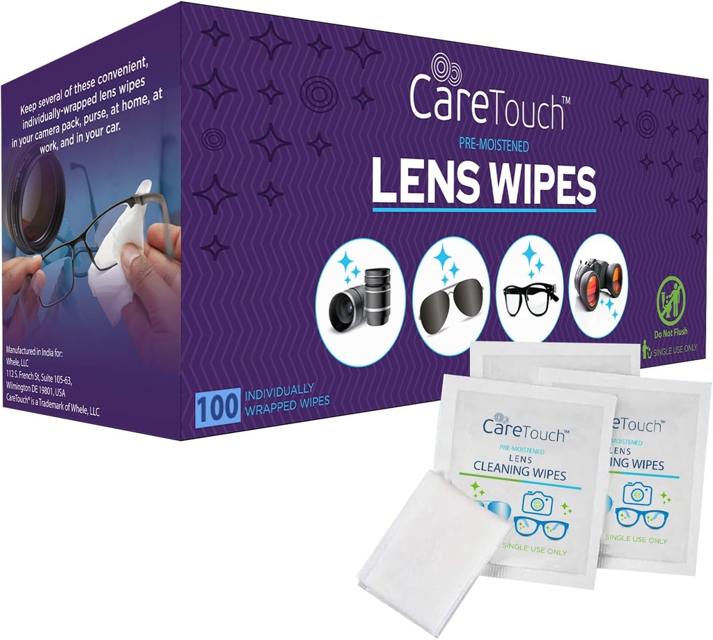Care Touch Lens Pyyhkeet silmälasit - 100 kreivi erikseen kääritty esikostutetut pyyhkeet, 5 x 6 tuuman - Kamera Lens, aurinkolasit ja lasit Puhdistaja,- Hellävarainen ja Kannettava Puhdistus optisten laitteiden