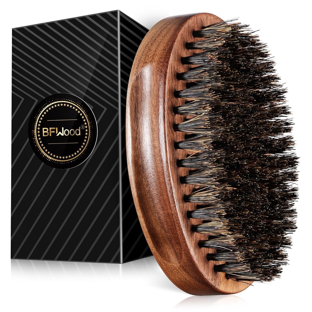 BFWood Boar Bristle Beard Brush - Black Wood Walnut Military Style, Mäns Wooden Mustache Brush