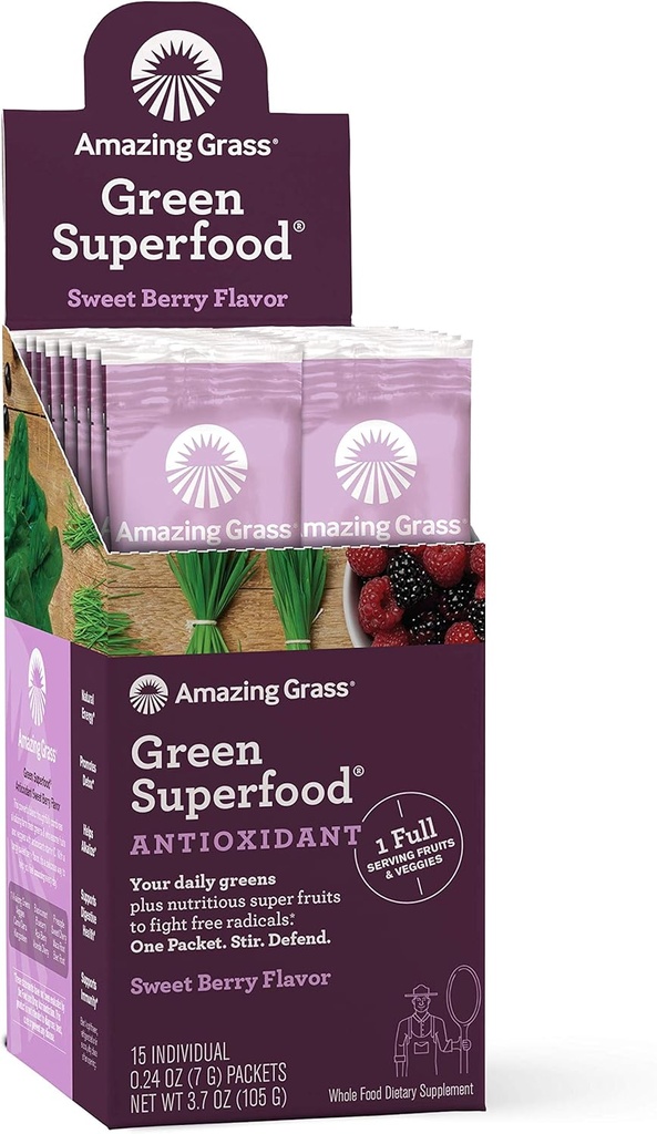 Amazing Grass Green Superfood Antioksidantti: Super Greens Powder with Spirulina, Elderberry & Probiootit, Sweet Berry, 15 Tarjoilut
