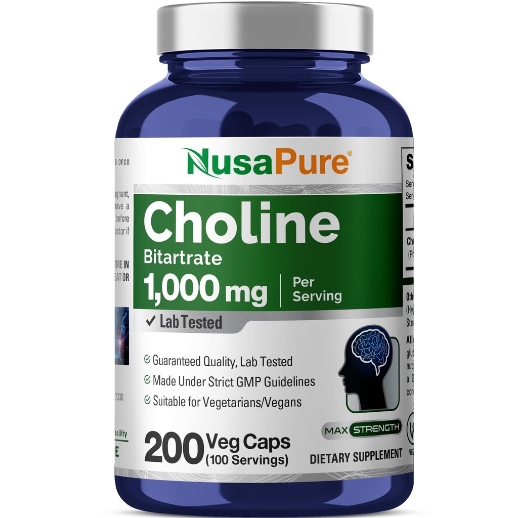 NusaPure Choline Bitartraatti 1000 mg 200 Kasviskapselit (kasvissyöjä, ei-GMO)