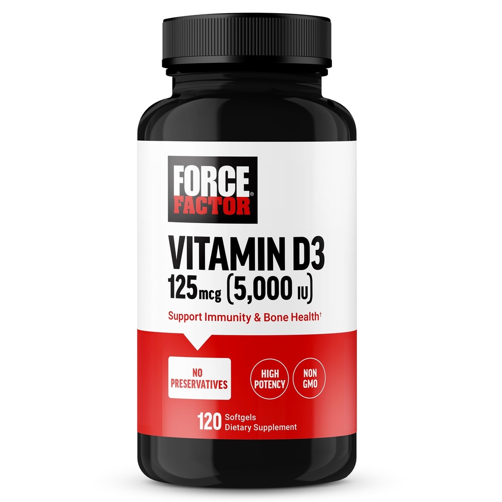FORCE FACTOR D3 5000 IU Softgels, korkean tehon D-vitamiini täydentää tukea immuniteetin ja luun terveyttä, Premium laatu, ei säilöntäaineita, 120 Softgels
