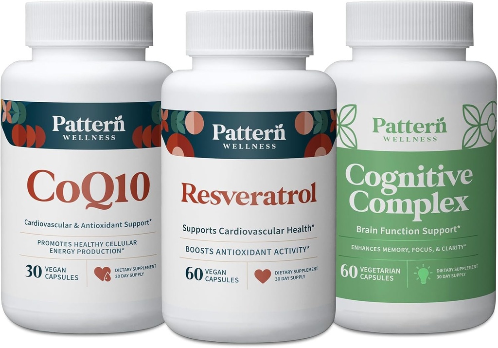 Pattern Wellness Terve ikääntyminen Bundle - CoQ10, Resveratrol, Cognitive Complex - edistää ajatonta terveyttä ja hyvinvointia - 3 Pack, kaikki luonnolliset, Vegan-ystävällinen Formula