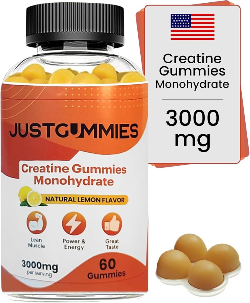 Kreatiini Monohydraatti Gummies 3000 mg per tarjoilu . Creatiini infusoitu Gummies lisätä voimaa ja rakentaa lihasten, vegaaninen, sitruunan maku, 60