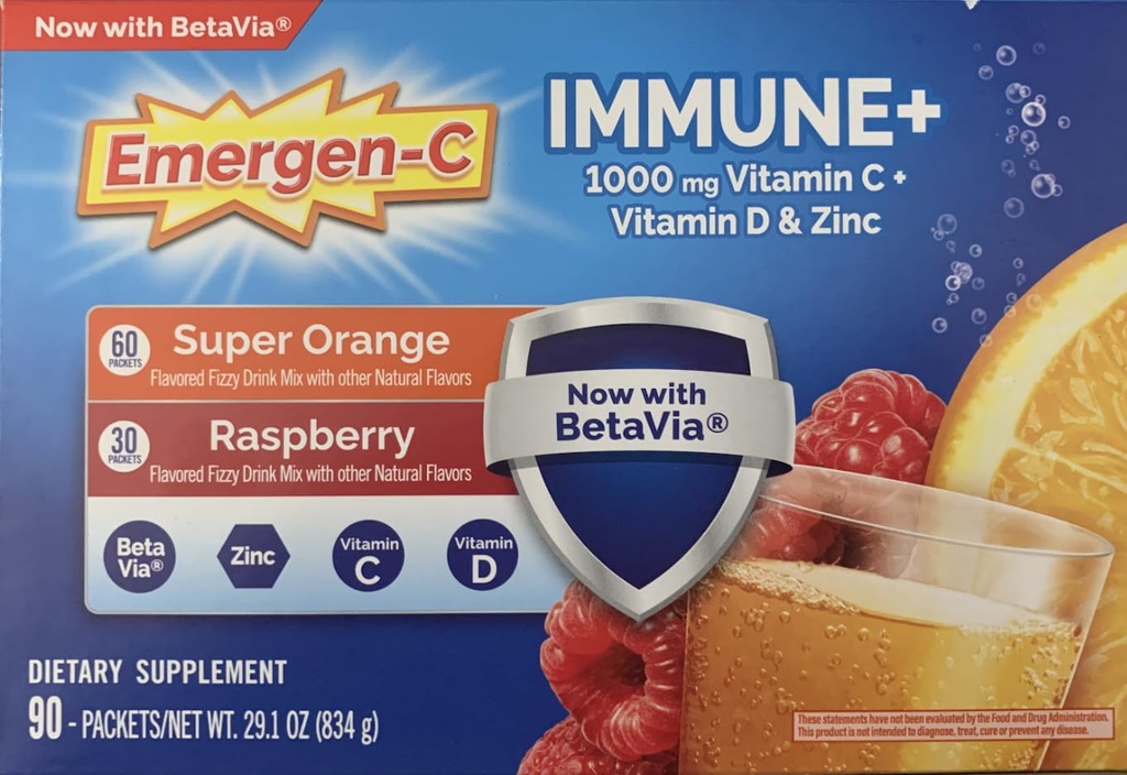 Emergen-C Immuuni + 1000 mg C-vitamiini + D-vitamiini & sinkki (Super Orange 60 Ct / Vadelma 30Ct) 90 pakkaukset