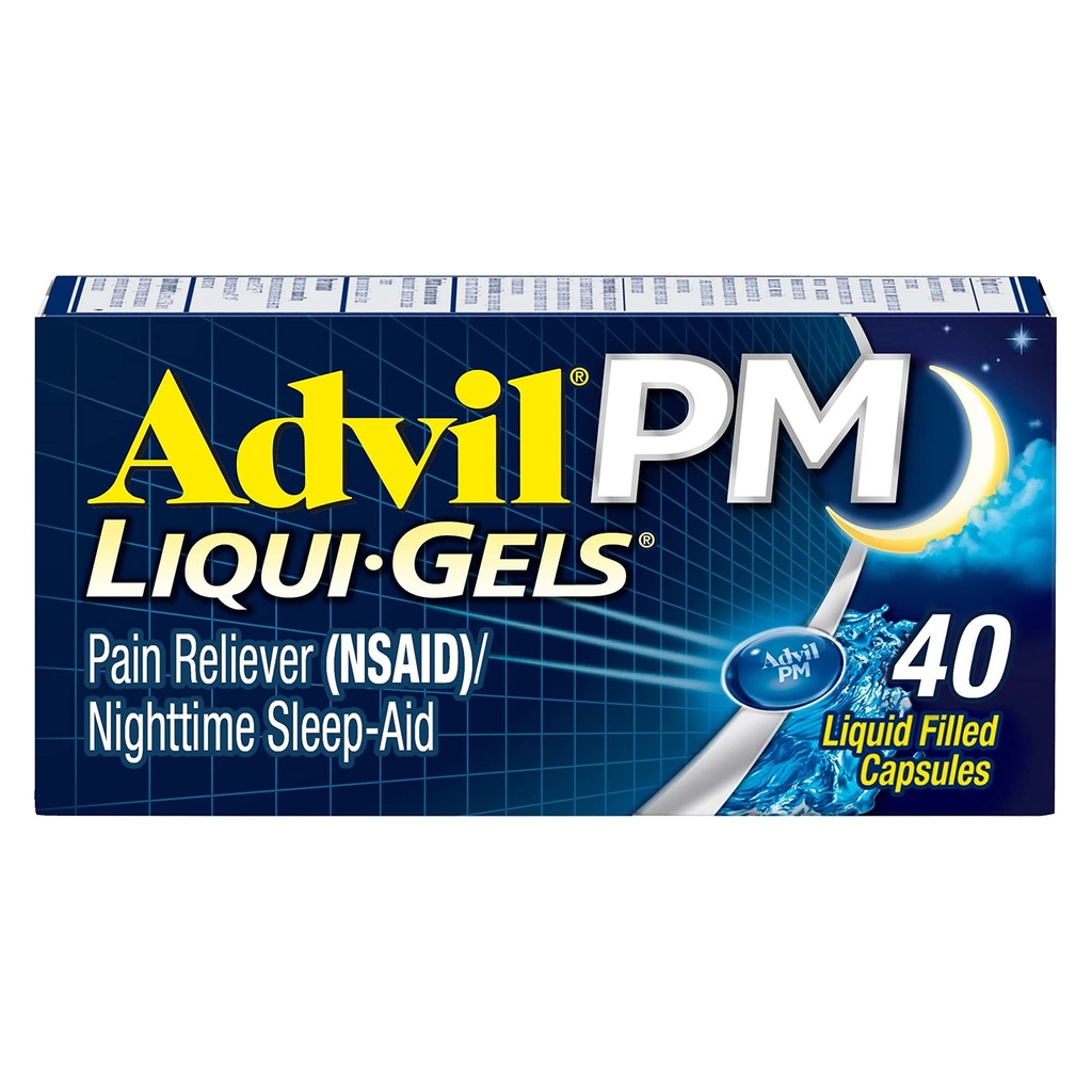 Advil PM Liqui-Gels Pain Reliever ja Nighttime Sleep Aid, Pain Medicine kanssa Ibuprofeeni kivunlievitystä ja Difenhydramiini HCL varten uniapu - 40 nestemäistä täytetty kapselit - Takaisin College