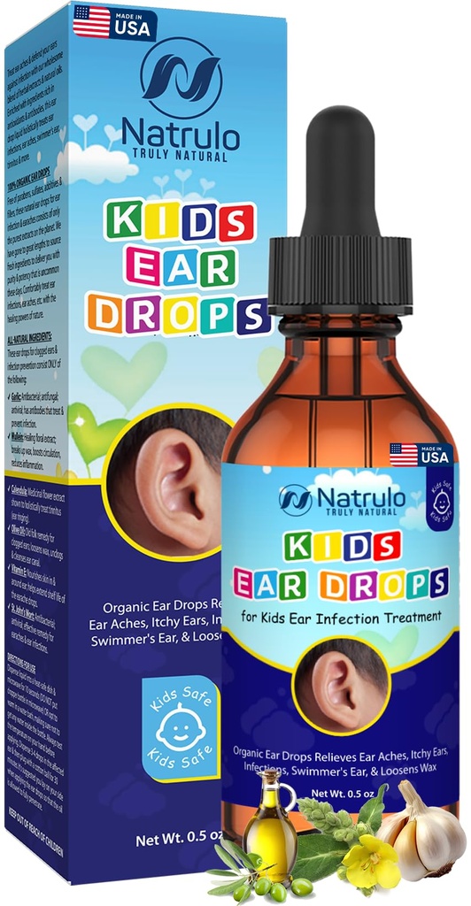 Natrulo Natural Ear Drops for Kids Ear Infection Treatment - Organic Children Ear Oil Drops Relieves Ear Aches, Itchy Ears, Infections, Swimmer's Ear och Loosens Wax - Kids Safe, Made in USA