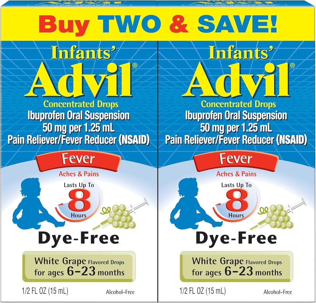 Infants' Advil Liquid Pain Reliever ja Baby Fever Reductor, Imeväis-ibuprofeeni Dye Free Pain Relief and Fever Medicine, White Grape - 0,5 Fl Oz (2 pakkaus)