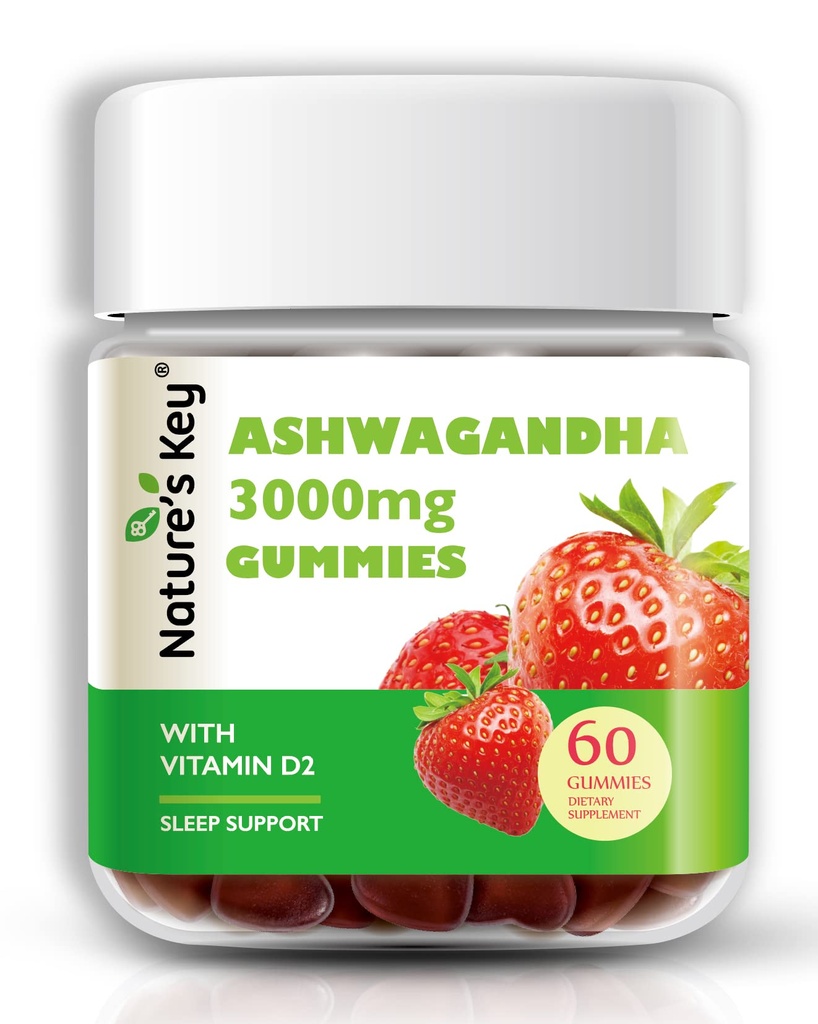 Luonnon avain Ashwagandha Gummies, 3000 mg High Potency Ashwagandha juuriuute D2-vitamiinilla, stressi, rauhallinen mieliala & kognitio, miehille & naisille, mansikkamaku (60
