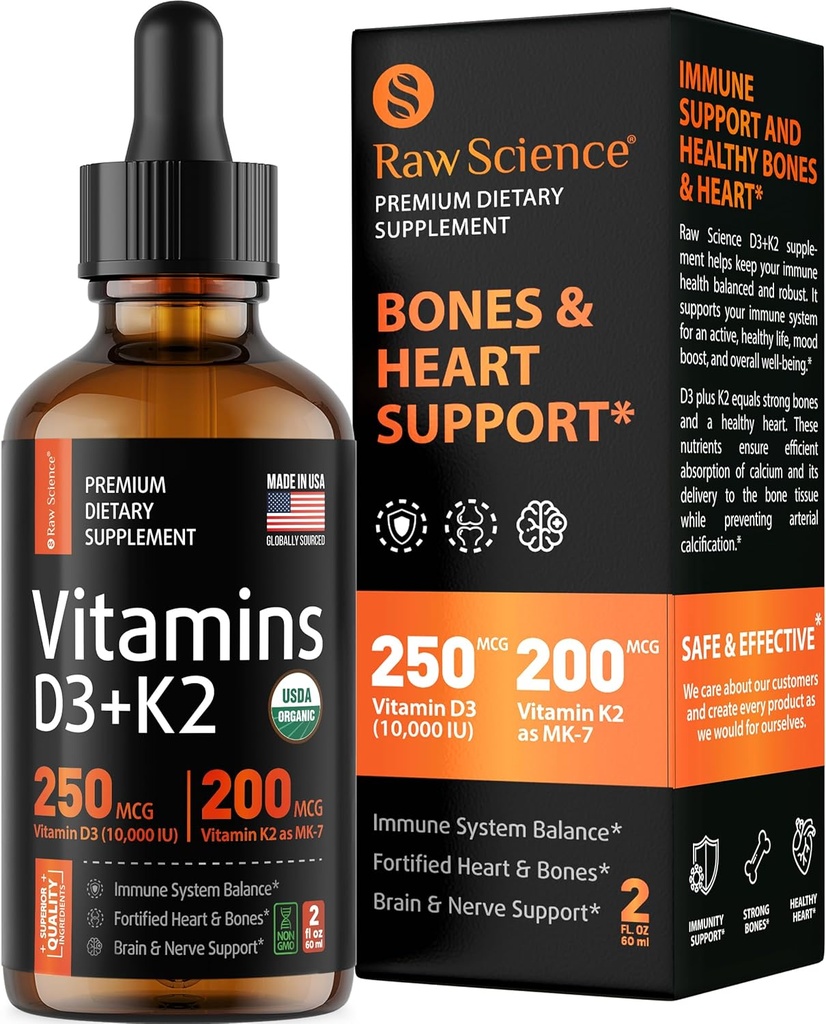 Nestemäinen D3-vitamiini K2 10000 iu & 200 mcg - D-vitamiini, jossa MK7-vitamiinia K2 Drops - Luun tiheys & sydän tuki neste vitamiineja naisille ja miehille, korkea Imeytyminen Vit K2 D3-vitamiinia täydentää - 2 fl oz