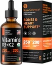 Nestemäinen D3-vitamiini K2 10000 iu & 200 mcg - D-vitamiini, jossa MK7-vitamiinia K2 Drops - Luun tiheys & sydän tuki neste vitamiineja naisille ja miehille, korkea Imeytyminen Vit K2 D3-vitamiinia täydentää - 2 fl oz