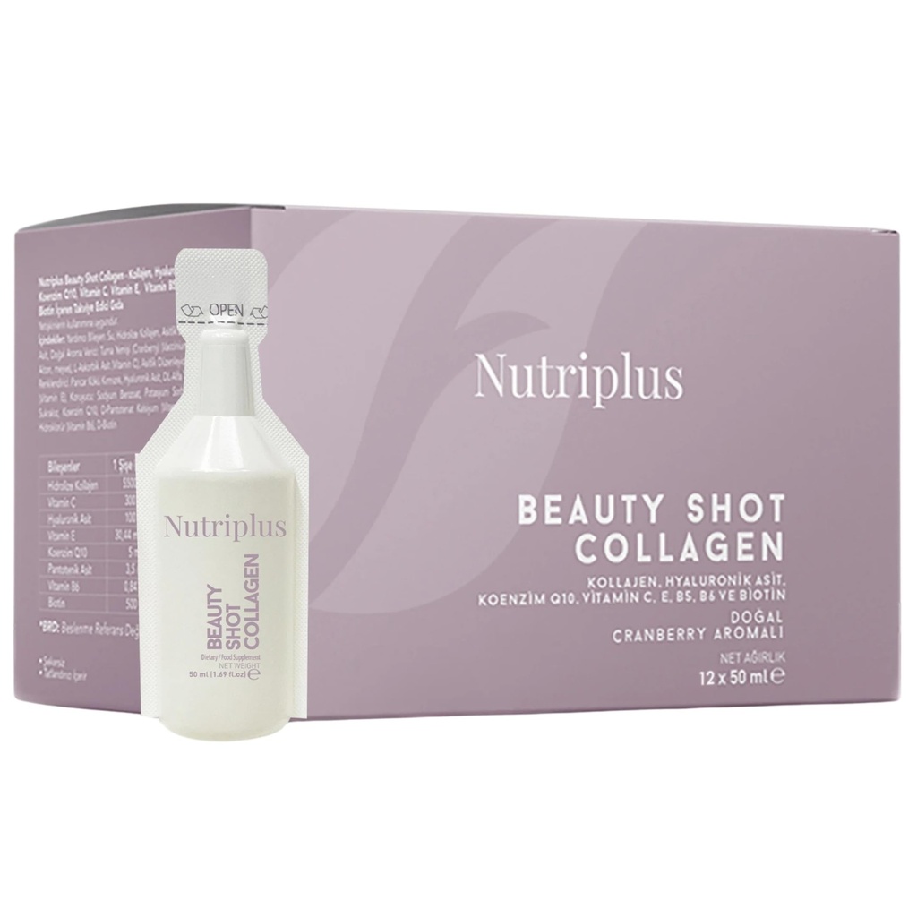 FARMASi Nutriplus Beauty Shot Collagen -tyypin I ja III kollageeni ja hyaluronihappo, biotiini ja vitamiinit, sokeriton karpalomaku, 1,69 fl oz x 12 shottia