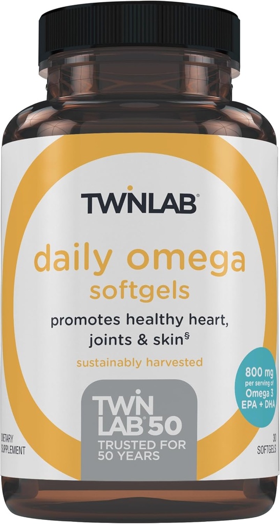 Twinlab Daily Omega Softgels - Gemensam Hälsa och Hjärnhälsa Fisk Oljetillskott - 800 mg, 30 Softgels