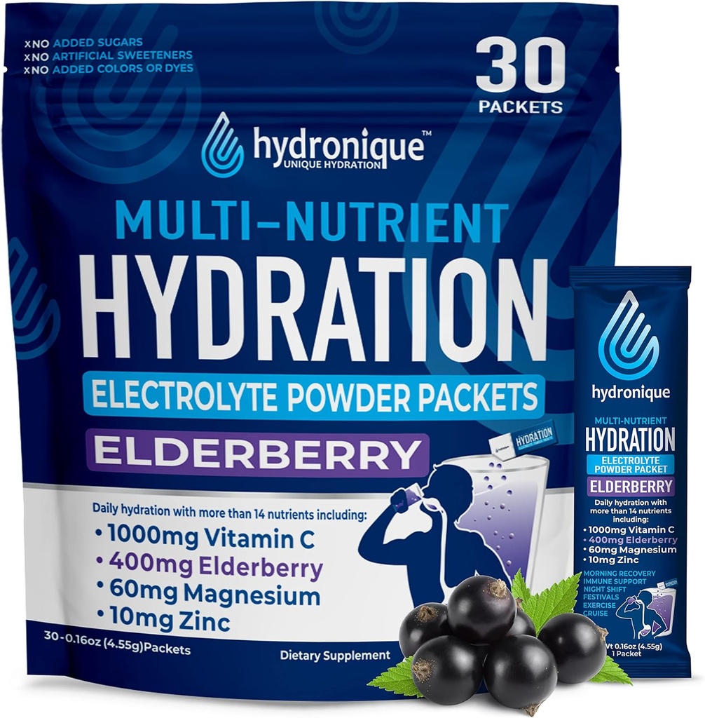 Hydronique Hydration Packets | Low Sodium Electrolytes Powder | 54mg Sodium | Vitaminer, mineraler, antioxidanter | Elderberry Flavor (30 Packs)