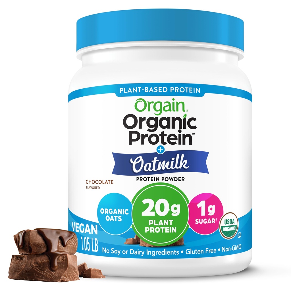 Orgain Organic Vegan Protein Powder + Kauramaito, suklaa - 20g Kasvipohjainen proteiini, gluteeniton, Ei maito, soija tai laktoosi Ainesosat, Matala sokeri, ei-GMO, Kosher, Shakes & Smoothies - 1.05lb