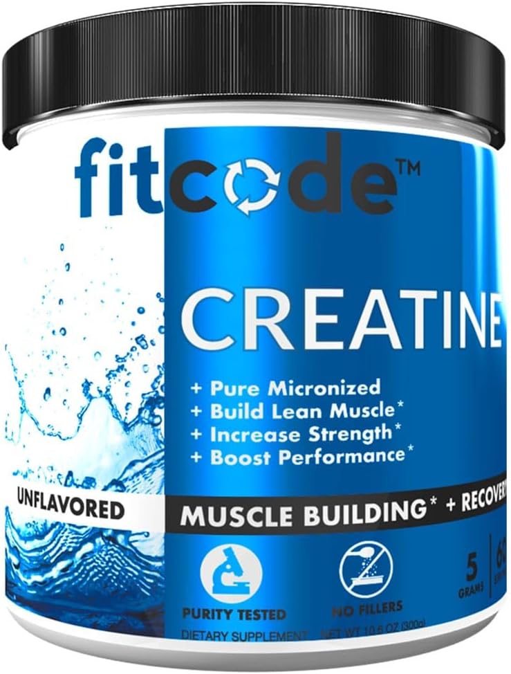 fitcode Kreatiini Monohydraatti 5 gramman puhdasta mikronoitua kreatiinimonohydraattia lihaksen rakentamiseen, toipumiseen, vahvuus ja kestävyys, makuamaton jauhe, 60 tarjoilua