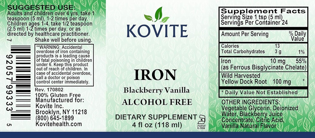 Flytande järn 10 mg - Öka energi och blodnivåer utan illamående eller förstoppning - Flytande järn droppar för män, kvinnor och barn - BlackBerry Vanilla smak - 4 fl oz. Kosher certifierad