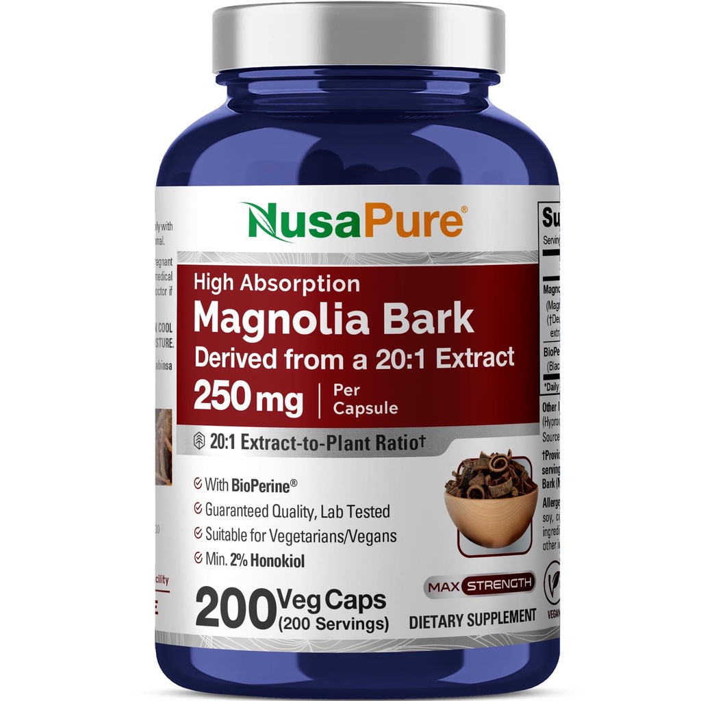 NusaPure Magnolia Bark 20:1 Extract, 250 mg, mikä vastaa 5 000 mg:aa 200 vegetariinikapselia, jotka eivät sisällä muuntogeenisiä organismeja