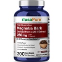 NusaPure Magnolia Bark 20:1 Extract, 250 mg, mikä vastaa 5 000 mg:aa 200 vegetariinikapselia, jotka eivät sisällä muuntogeenisiä organismeja