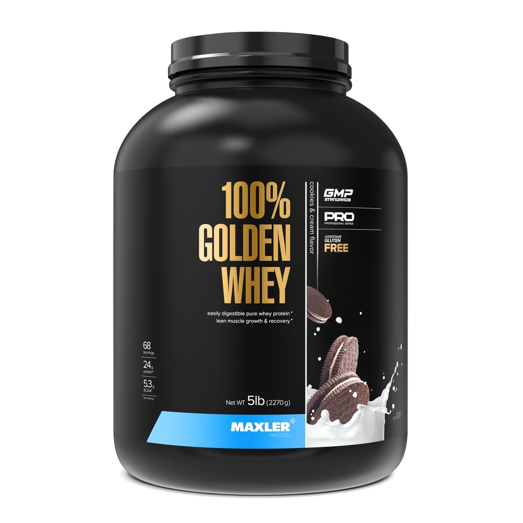 Maxler 100% Golden Whey Protein - 24g proteiinia per tarjoilu - Premium Whey Protein Powder for Pre Post Treout - Fast- Absorbing Whey Concentral, Isolate & Hydrolysate Blend - Cookies & Cream