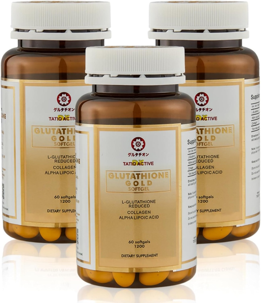 Valmistettu Japanissa Advanced Gold Glutatione kapselit kollageeni, C-vitamiini, ja antioksidantteja täydentää radiantti, nuorekas näköinen iho, kollageenin tuotanto & jopa ihon sävy . 3 pullot