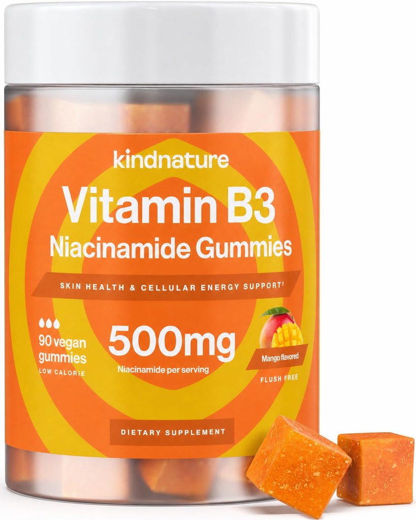 genture B3-vitamiini Niacin Gummies - Flush Free Niacinamide 500mg Supplement - Vegan, ei-GMO, Low-Calorie, Gluteeniton, Soija-Fee, 3. Party Lab Tested - 1 kuukausi Supply, 90 Pureskeltava Gummies