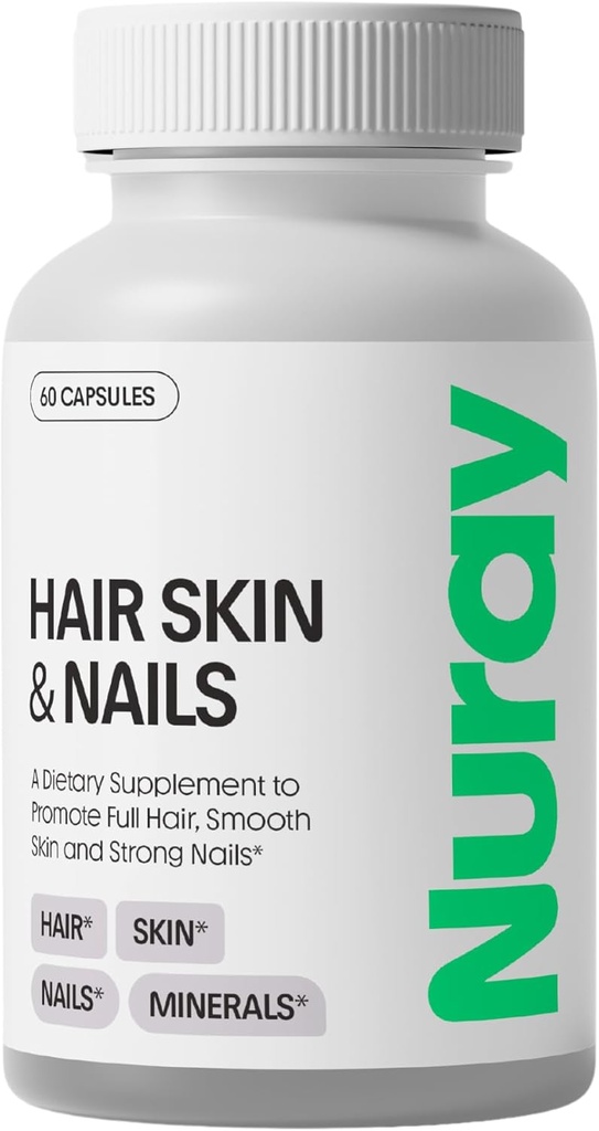 Nuray Hair, Skin & Nails Vitamins - Biotin, Collagen & Hyaluronsyra - Avancerad hårtillväxtförsörjning - Främjar skönhet, hudstrålning och nagelstyrka - med vitamin B Complex - 60 kapslar