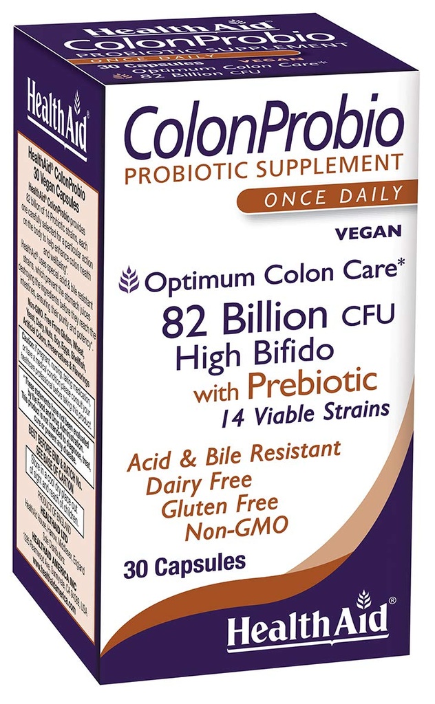 HealthAid ColonProbio 82 miljarder med prebiotiska, 14 stammar, Once Daily, 30ct, Optimum Colon Care, Acid & Bile Resistant, Dairy Free, Gluten Free, Non-GMO