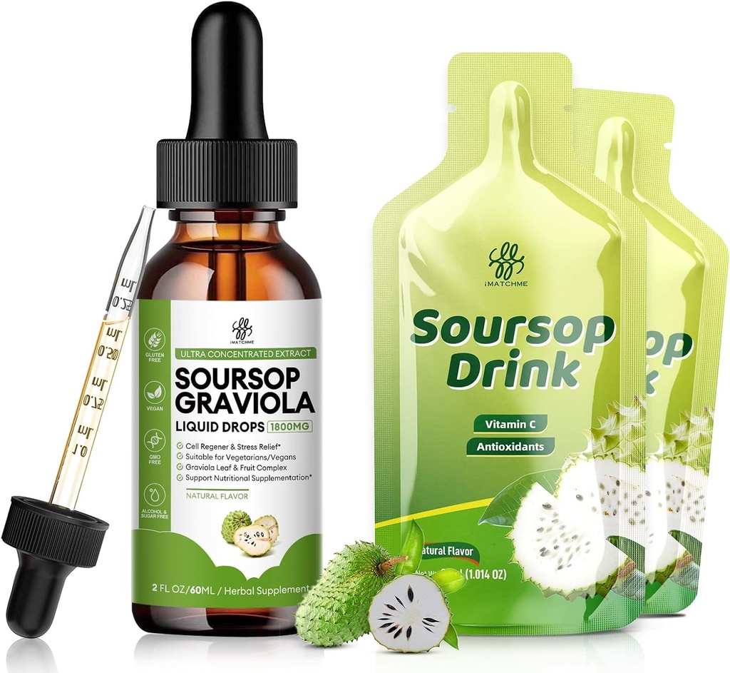 iMATCHME Soursop Graviola Liquid Drop, Soursop Drink Solun tuki & Regeneration, Immuuni Boost, Ruoansulatuskanavan