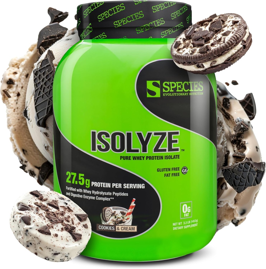 Species Nutrition Isolyze Whey Protein Powder, 100% Whey Isolate för Muscle Building, 27.5g Protein Per Scoop, No Sugar & Low Fat (Cookies & Cream, 44 portioner)