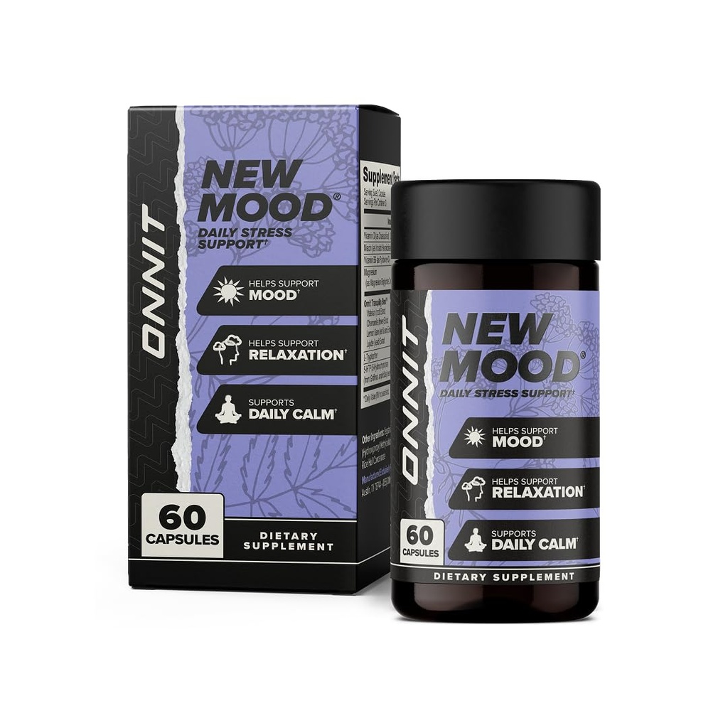 ONNIT New Mood Daily Stressi tuki kapselit, IGENTM ei-GMO testattu, uni ja mieliala tuki täydentää miesten ja naisten, päivittäin stressin hallinta kapselit, 60