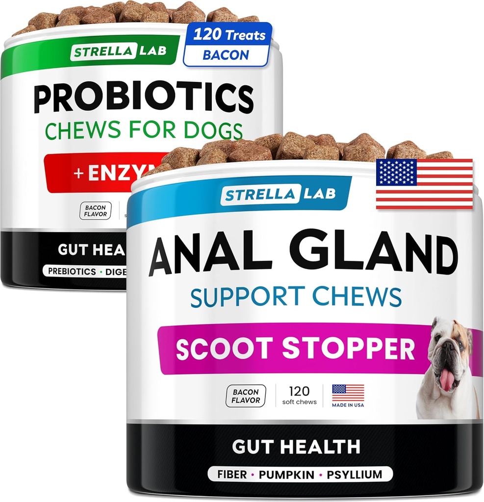 Probiootit + Anal Gland Tuki Koirat Bundle - Ruoansulatuskanavan Entsyymit & Prebiootit - Allergia, ripuli, Ummetus & Scoot hoito - Kuitu täydentää digestio, Gut Health & Immuniteetti - Valmistettu USA