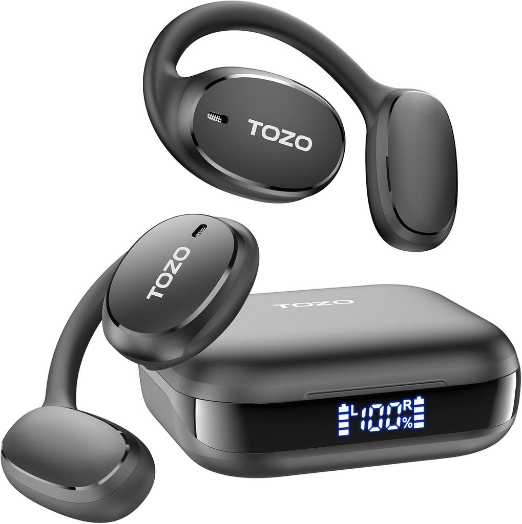 TOZO OpenEgo Open Ear Earbuds Bluetooth-hörlurar, 80Hrs Playtime Wireless Earbuds med Earhooks, Digital Display, 32 EQ Modes, Clear Call, Comfortable Wear, Sweat-Proof för Running Workout Black