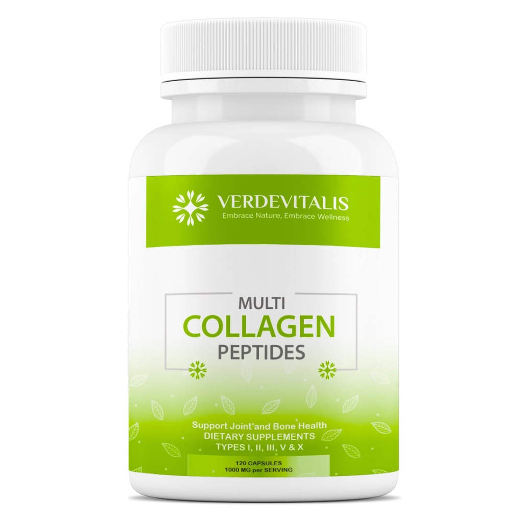 Multi Collagen Peptides kapselit - ei-GMO&Gluteeniton tyyppi I, II, III, V, X Hydrolysoitu kollageeni täydentää C-vitamiini - tukee terveet hiukset, iho, kynnet, & nivelet - 120 CPS