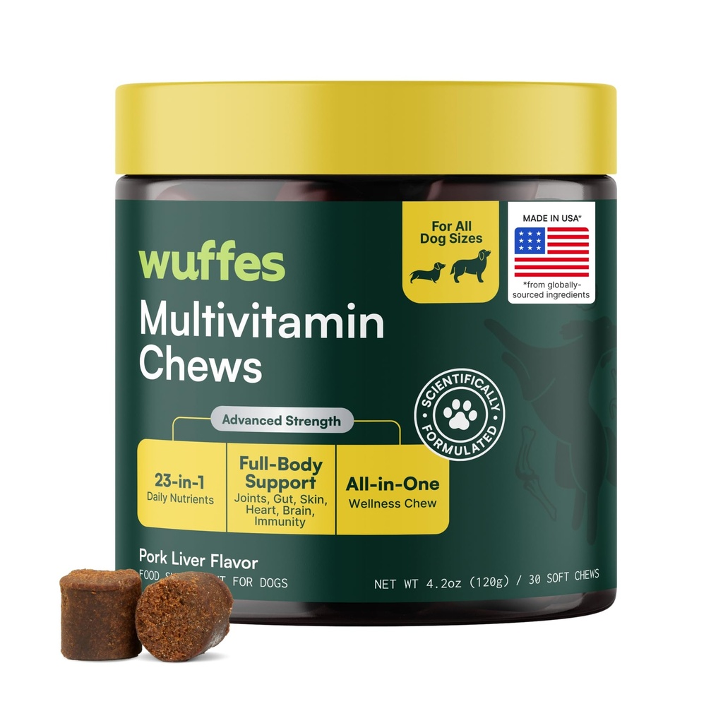 Wuffes 23-in-1 Dog Multivitamiini Supplement for Hip & Joint, Iho & Takki ja immuunijärjestelmä tuki Omega 3, Rauta, Sinkki, C-vitamiini - Mineraalit ja vitamiinit vanhemmille koirille ja pennuille - 30 Soft Chews