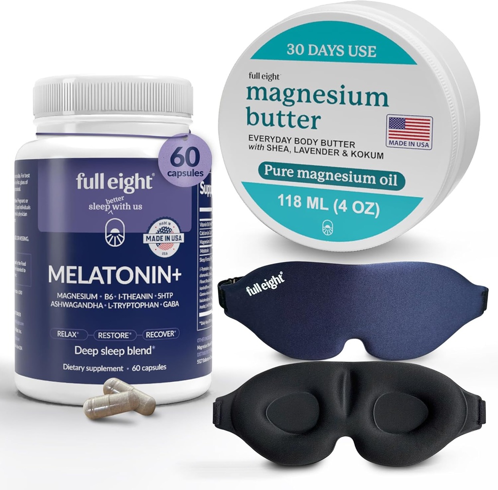 Univyö: 3D-valon tukkiva uninaamio, melatoniini+ nopeasti liuottavat melatoniinin lisäravinteet 60 kapselia, ja magnesiumvoi voita Tenesed Legs & Tight lihasten, 4oz Cream