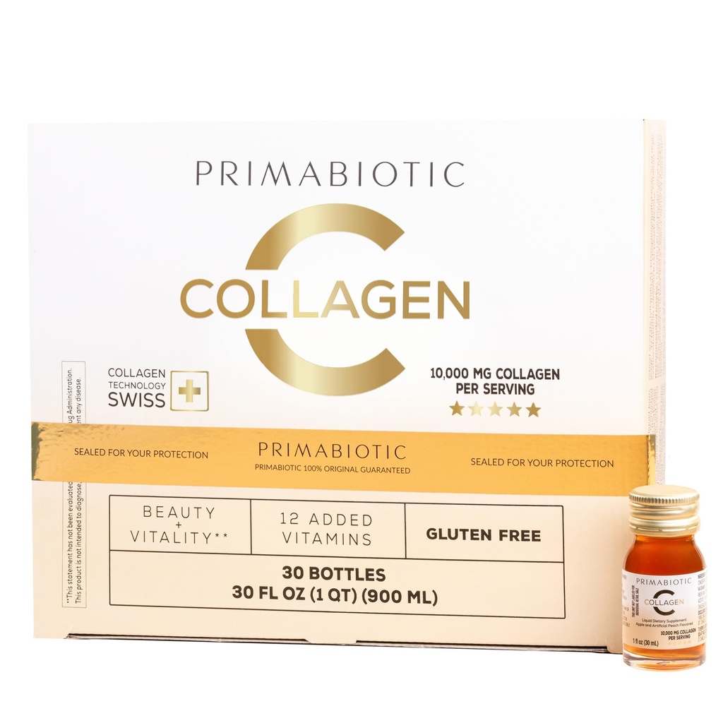 PRIMABIOTIC Liquid Collagen - Korkea kollageenipitoisuus [10000 Mg] per tarjoilu - Hydrolysoitu kollageeni ja 12 vitamiinia - Gluteeniton - 900 Ml - 30 pullon pakkaus x 30 Ml (1)
