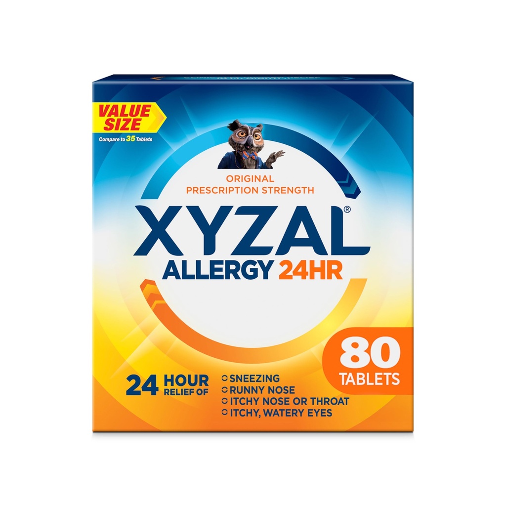 Xyzal 24 tunnin allergialääke, alkuperäinen reseptin vahvuus Antihistamiini, levocetiritsiinidikloriditabletit, 5 mg, 80