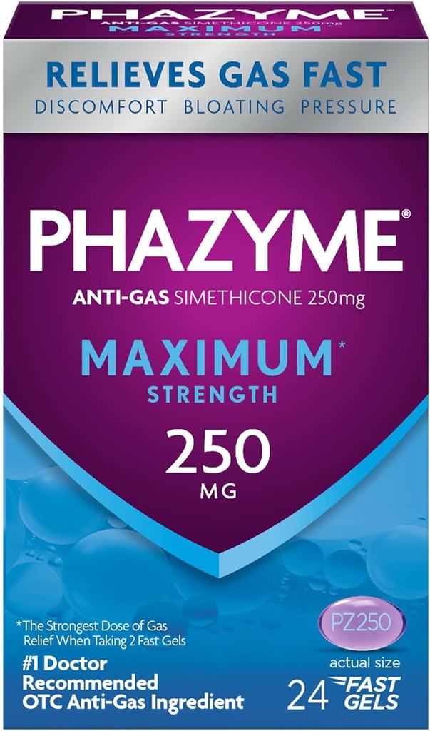 Phazyme Maximum* Vahvuus Anti-Gas 250 mg simetikonikaasua helpotus aikuisille, nopeat geelit nopeasti helpottava, paine ja häiriö, 24